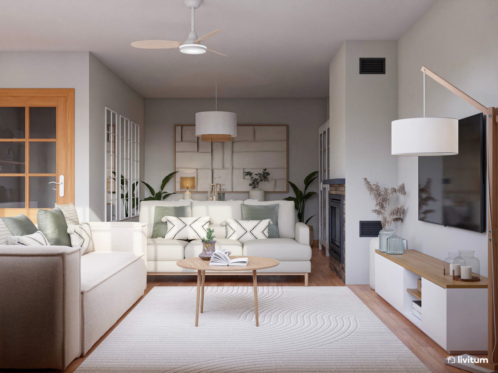 Amplio salón comedor con forma de L y estilo nórdico