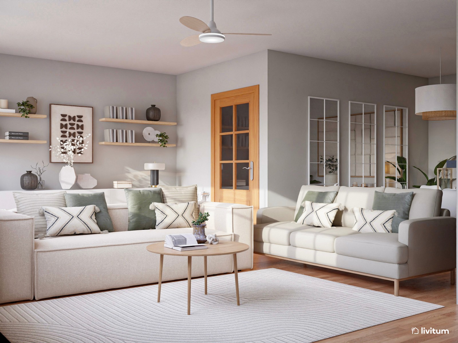 Amplio salón comedor con forma de L y estilo nórdico