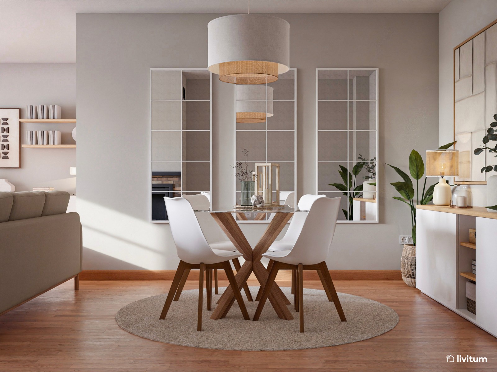 Amplio salón comedor con forma de L y estilo nórdico