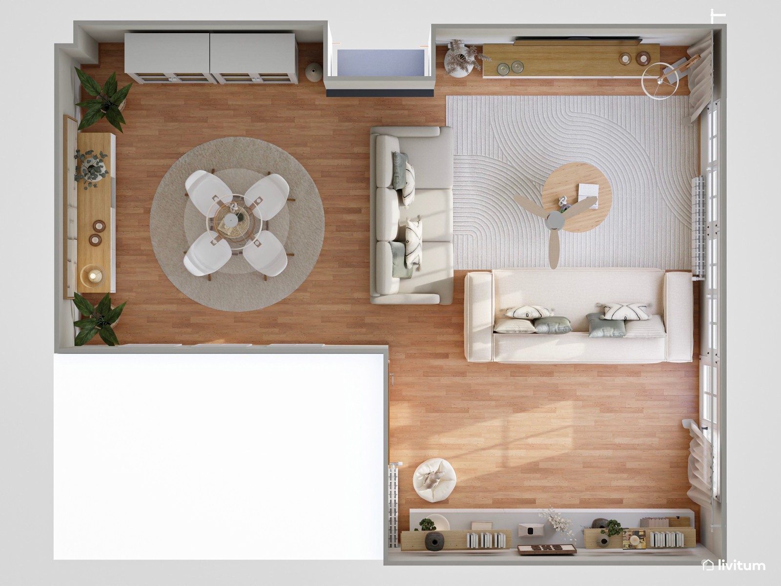 Amplio salón comedor con forma de L y estilo nórdico