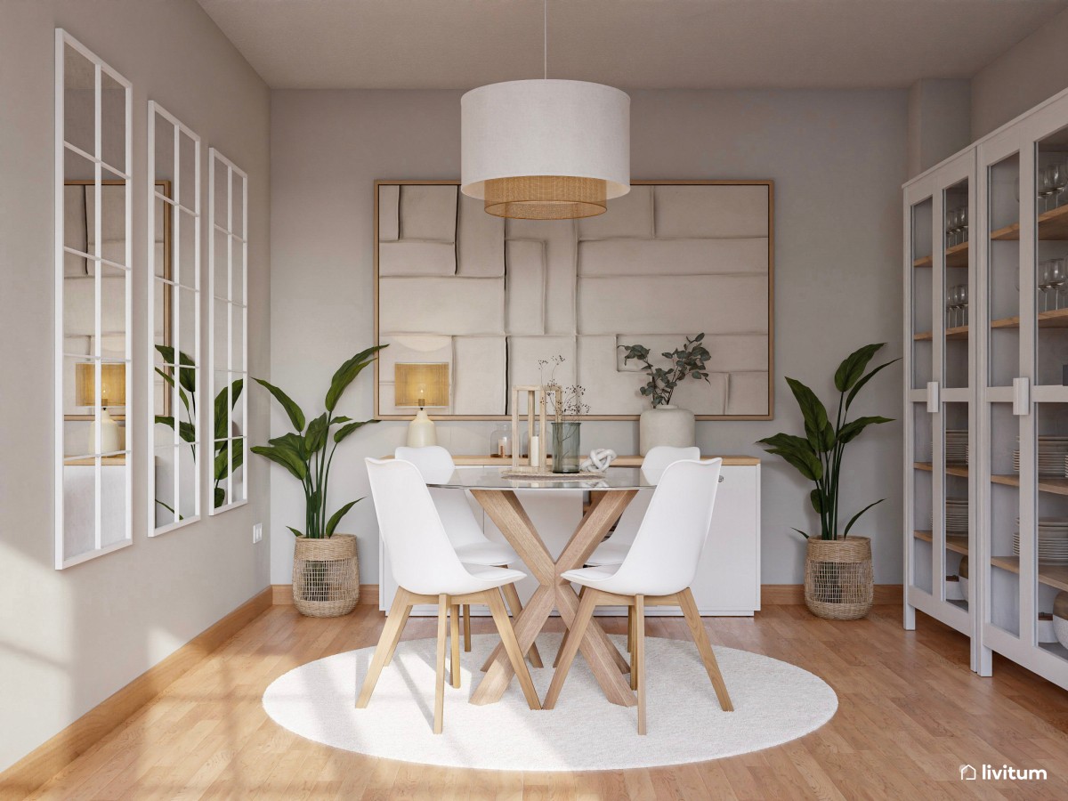 Amplio salón comedor con forma de L y estilo nórdico