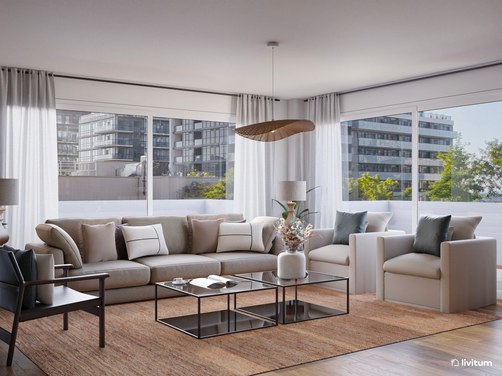 Amplio salón comedor de estilo moderno en gris y tonos tierra 