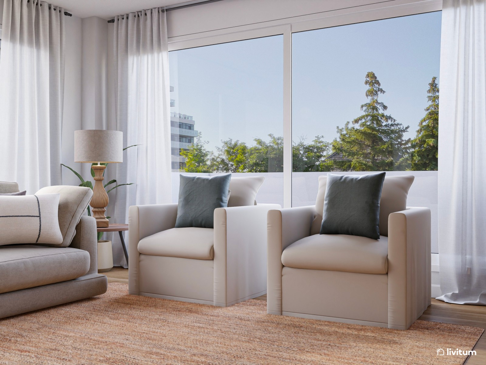 Amplio salón comedor de estilo moderno en gris y tonos tierra 