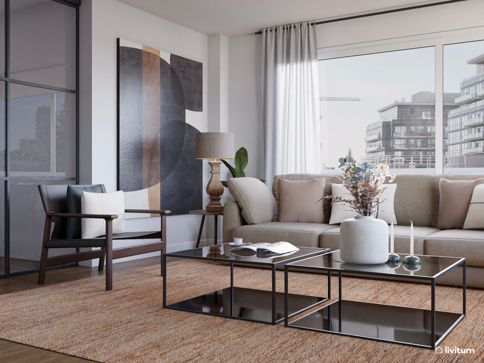 Amplio salón comedor de estilo moderno en gris y tonos tierra 