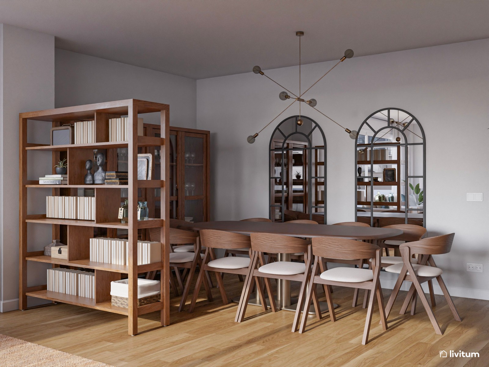 Amplio salón comedor de estilo moderno en gris y tonos tierra 