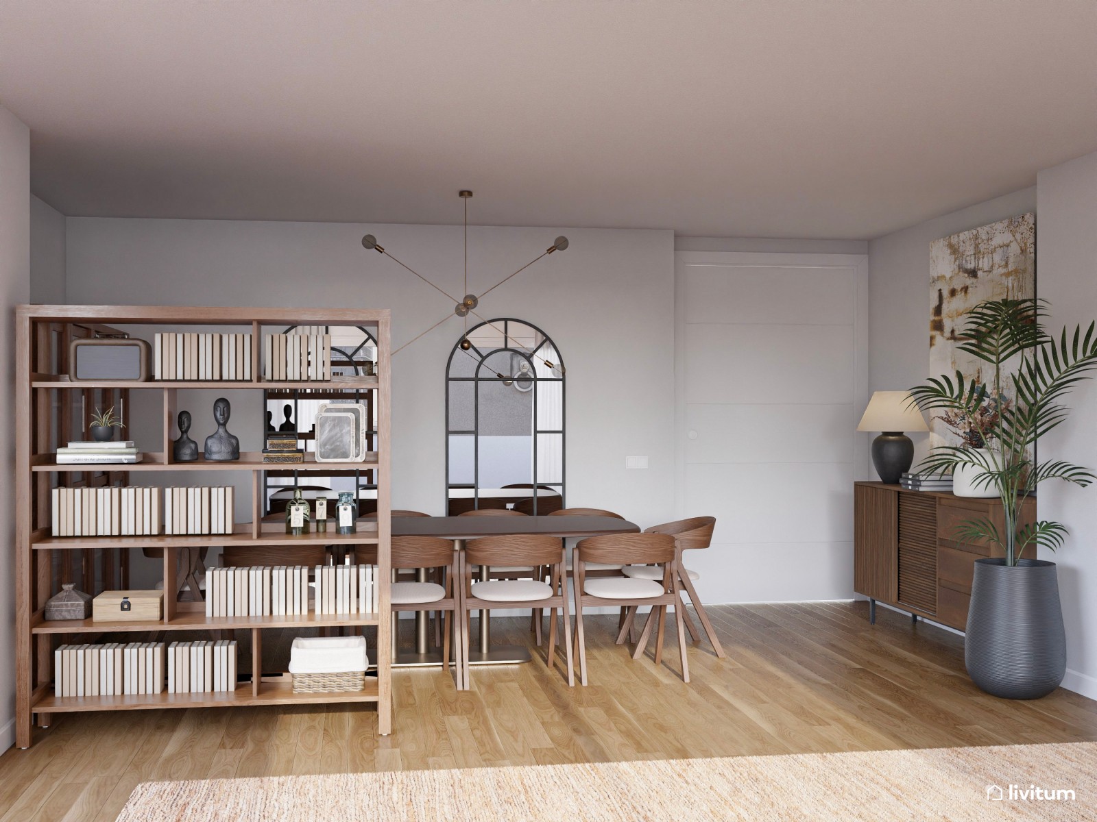 Amplio salón comedor de estilo moderno en gris y tonos tierra 