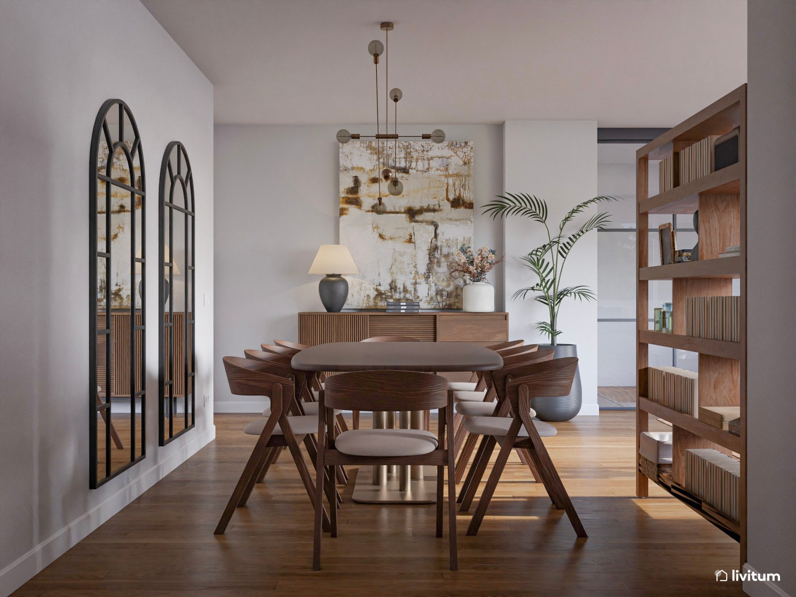 Amplio salón comedor de estilo moderno en gris y tonos tierra 
