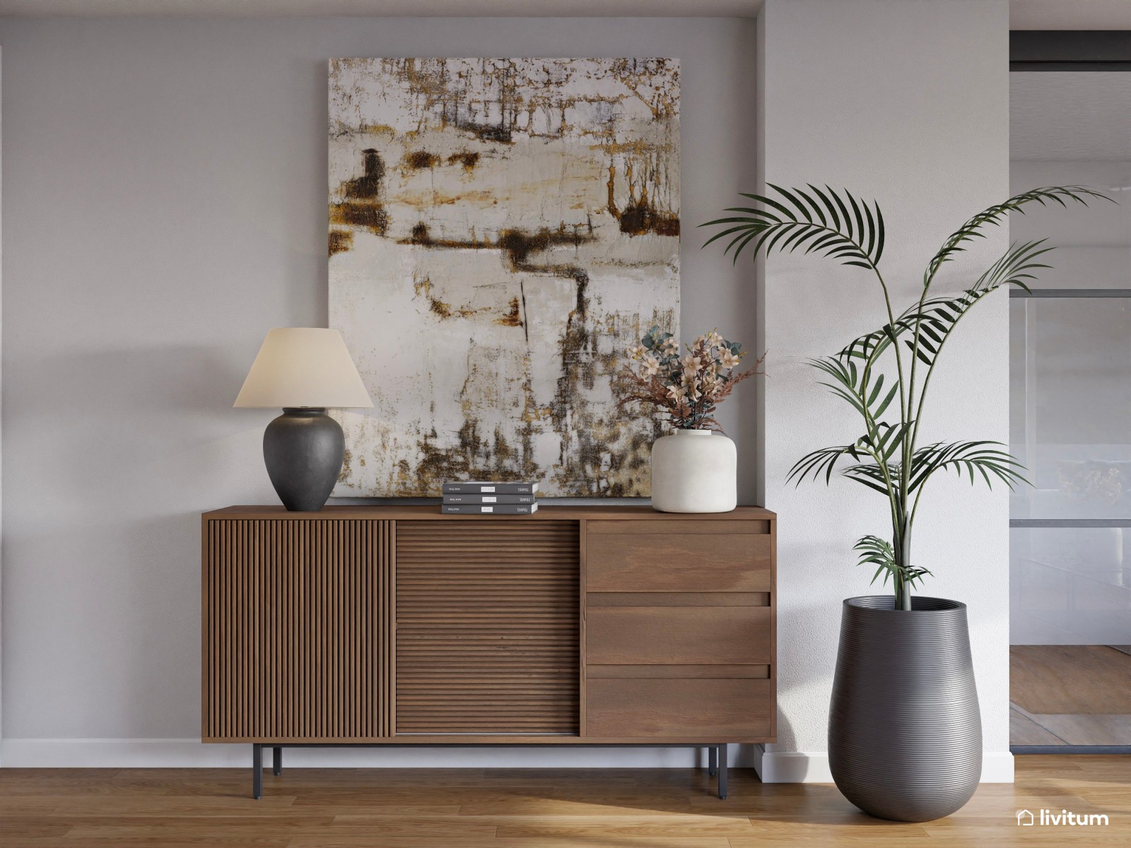 Amplio salón comedor de estilo moderno en gris y tonos tierra 