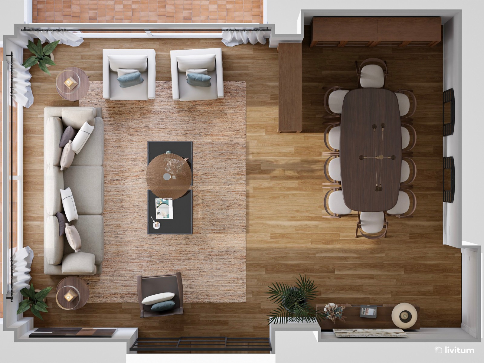 Amplio salón comedor de estilo moderno en gris y tonos tierra 