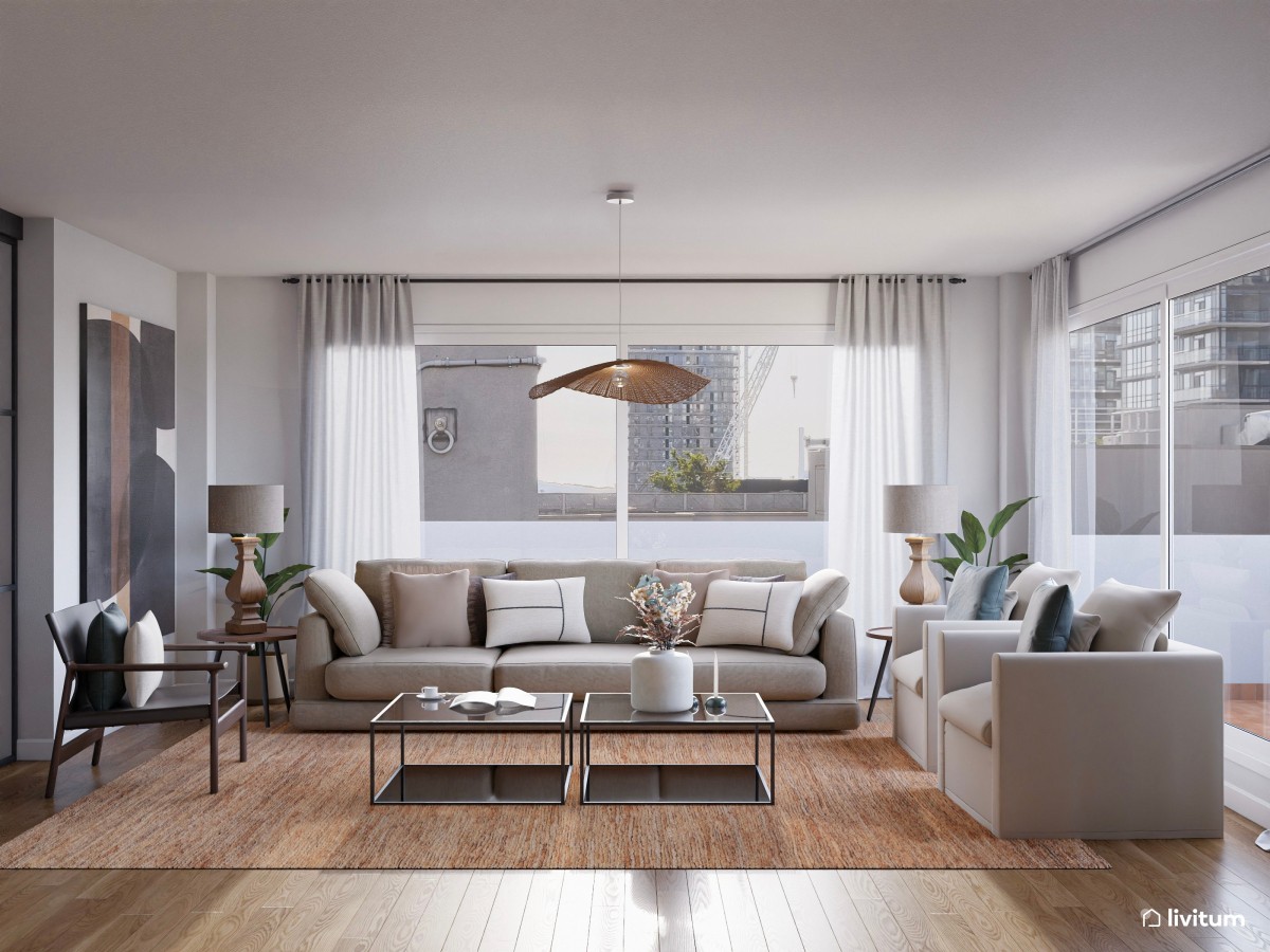 Amplio salón comedor de estilo moderno en gris y tonos tierra 