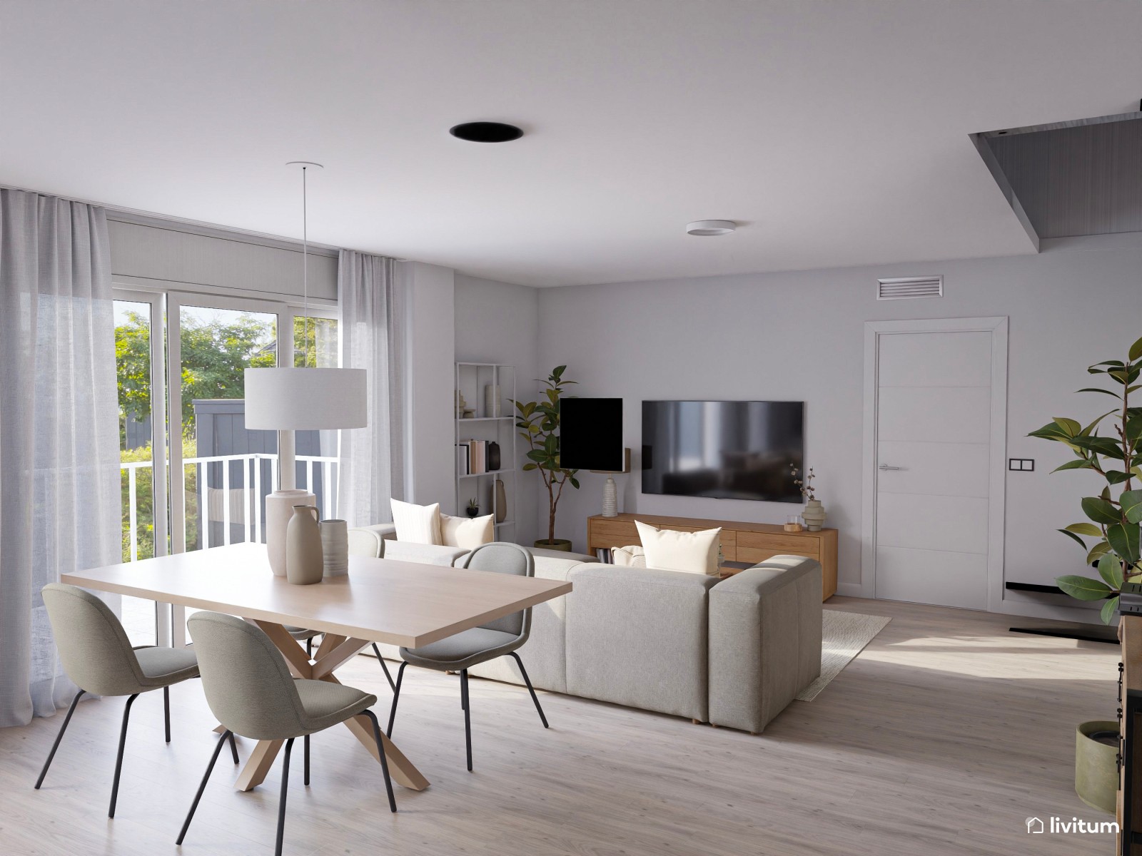 Amplio salón comedor nórdico con cocina abierta y recibidor 