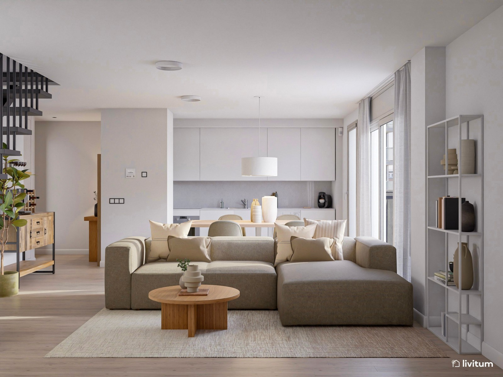 Amplio salón comedor nórdico con cocina abierta y recibidor 