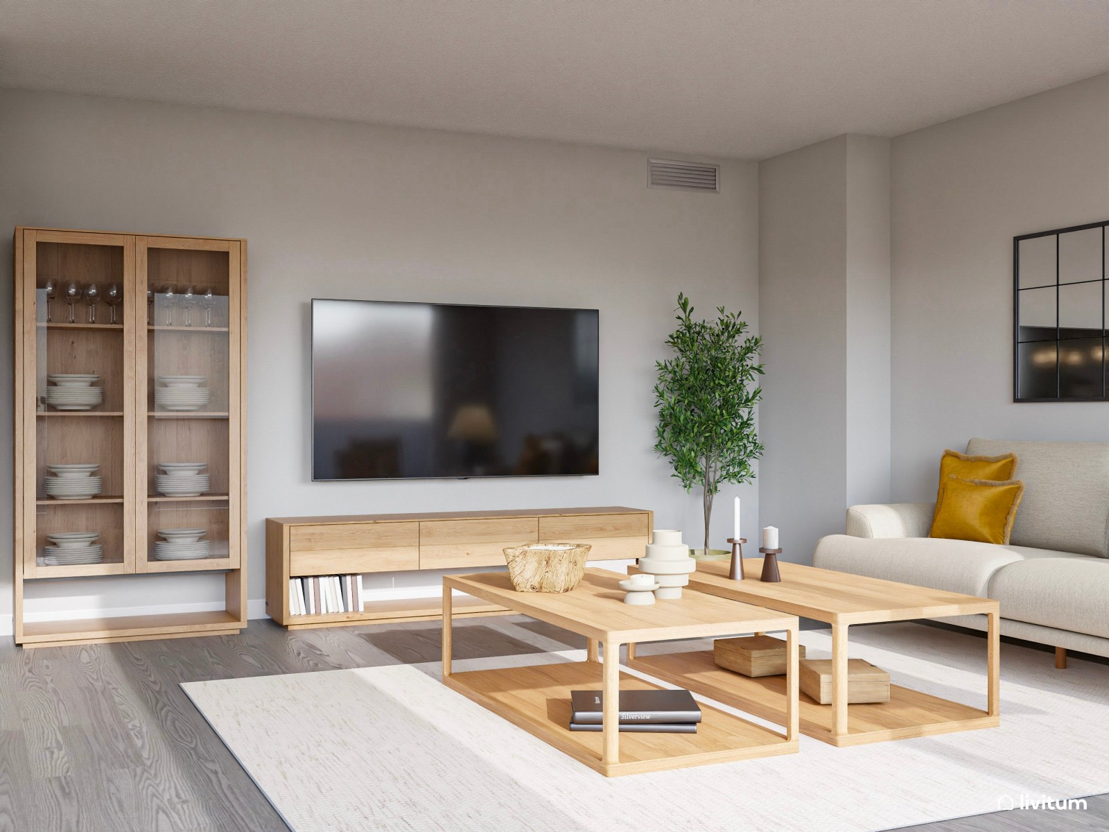 Amplio salón comedor nórdico con detalles en verde