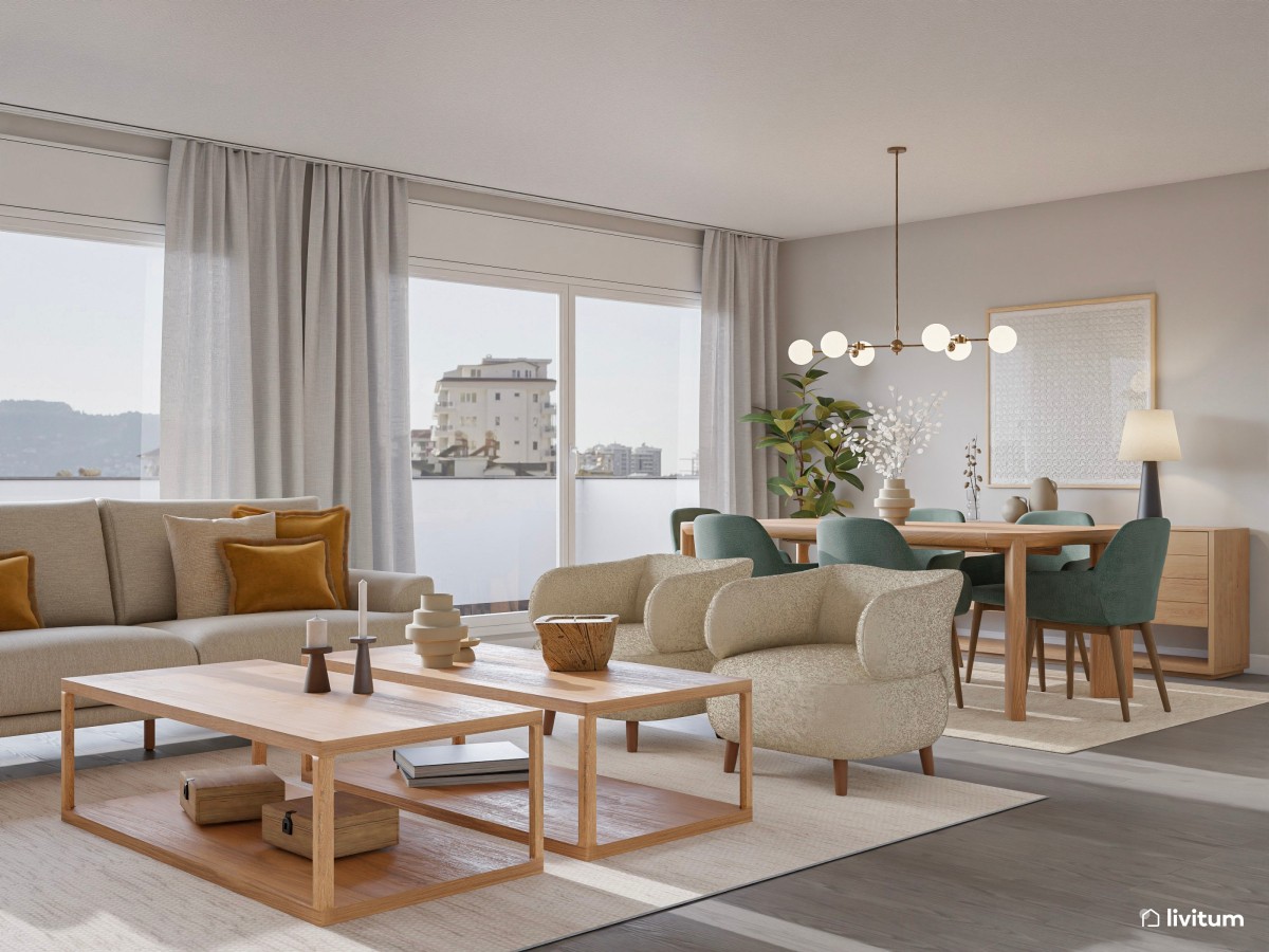 Amplio salón comedor nórdico con detalles en verde