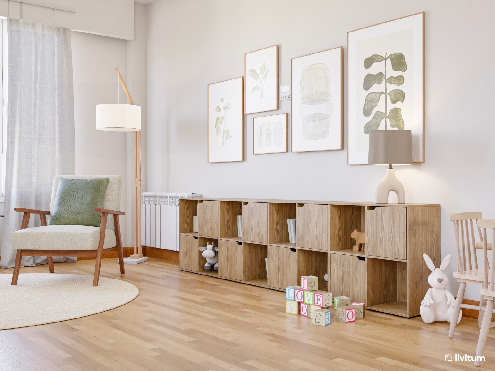 Amplio salón con zona de juegos y mucho almacenaje