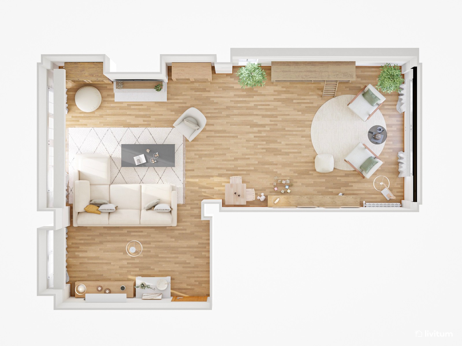 Amplio salón con zona de juegos y mucho almacenaje