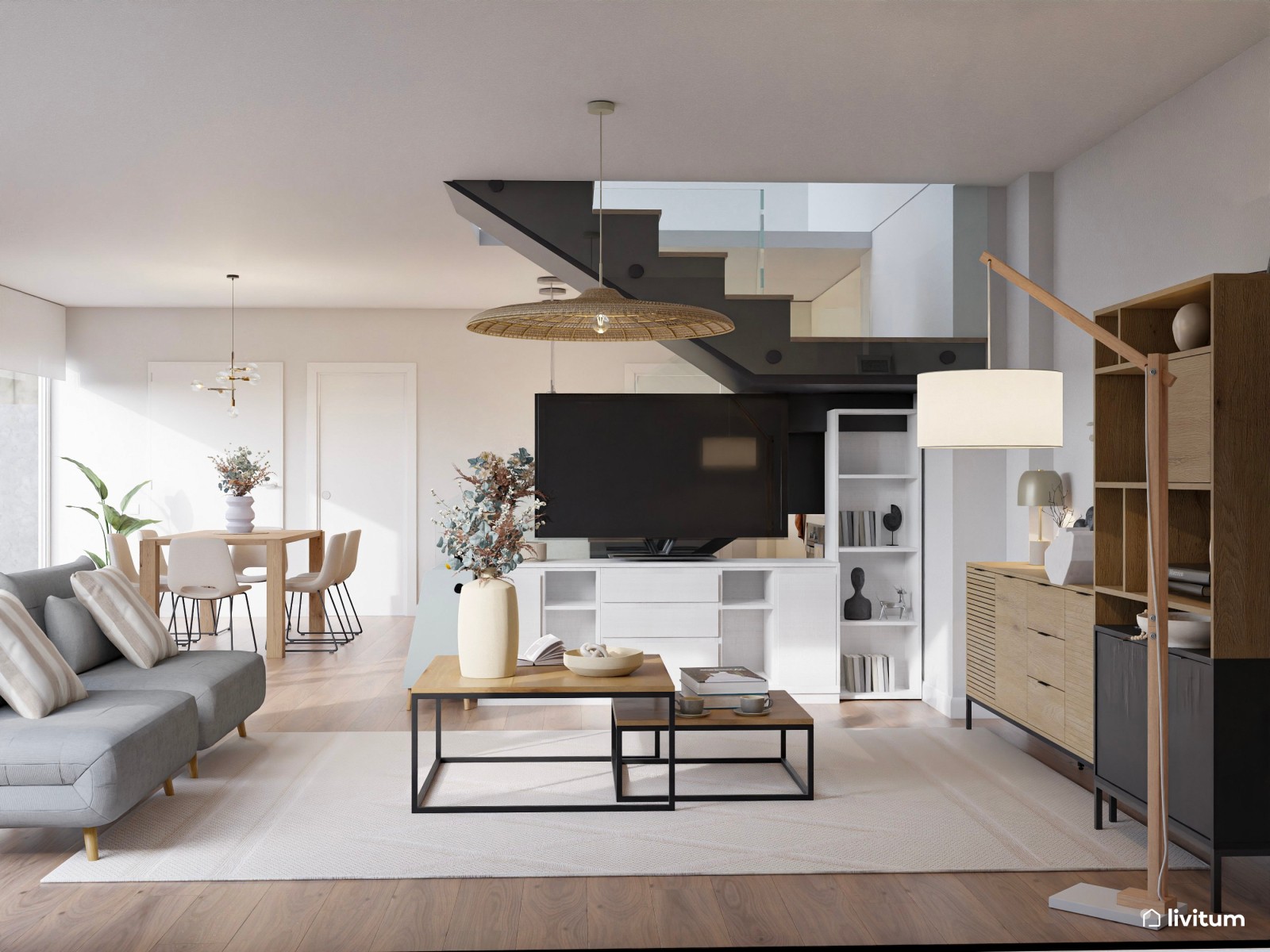 Amplio salón de estilo contemporáneo con cocina abierta