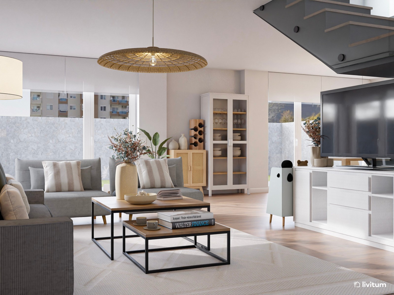 Amplio salón de estilo contemporáneo con cocina abierta