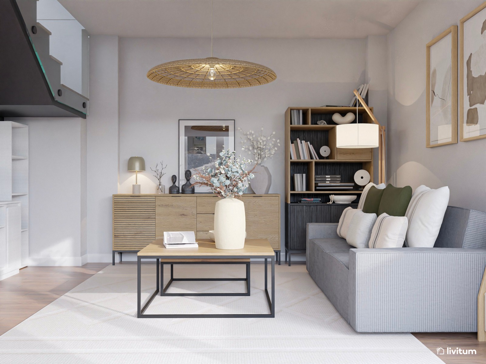 Amplio salón de estilo contemporáneo con cocina abierta