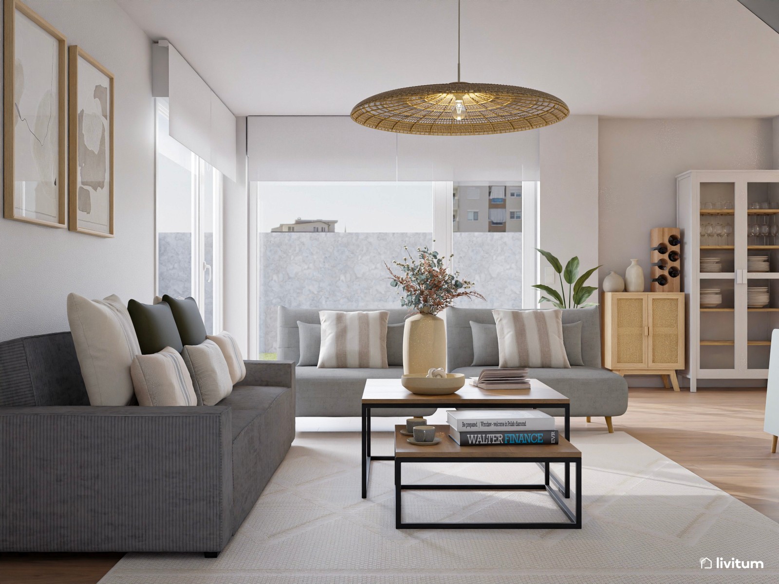 Amplio salón de estilo contemporáneo con cocina abierta