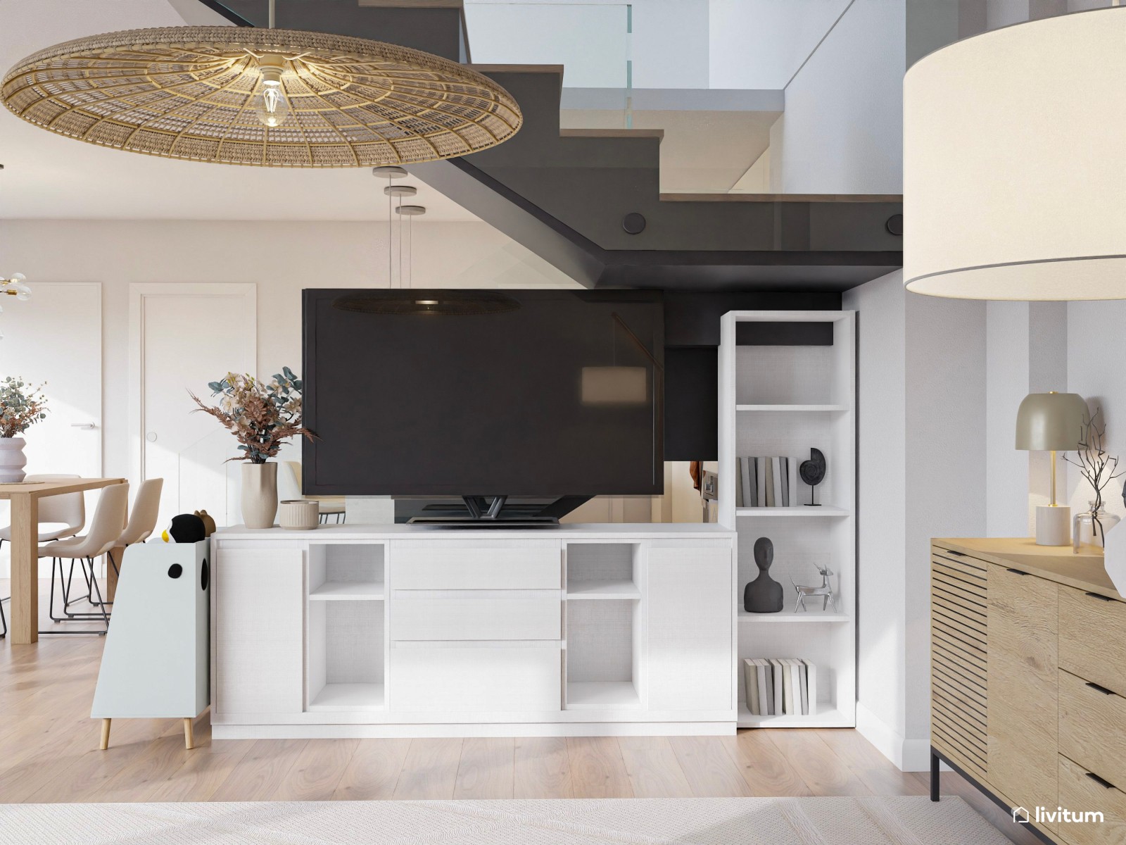 Amplio salón de estilo contemporáneo con cocina abierta