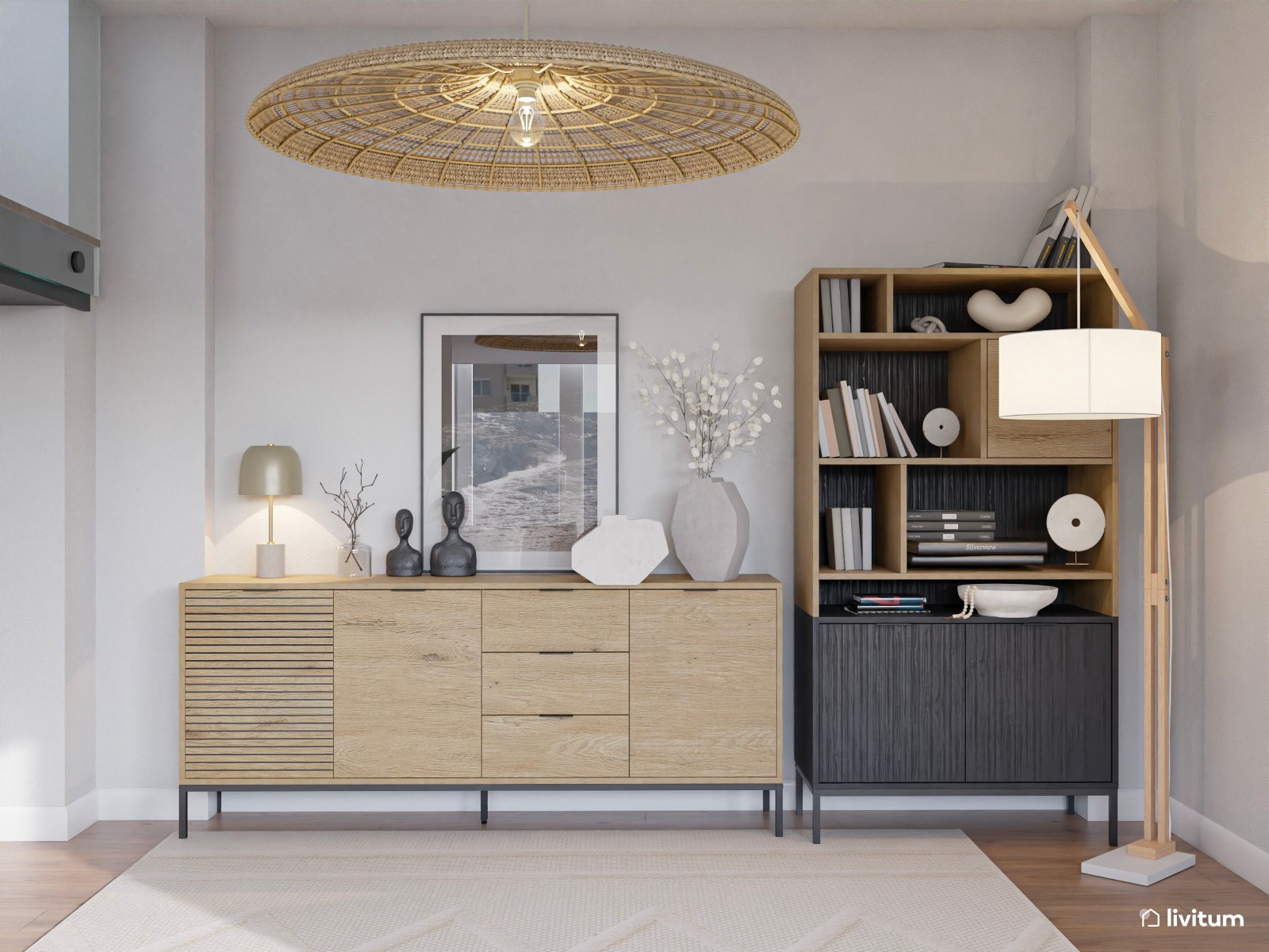 Amplio salón de estilo contemporáneo con cocina abierta