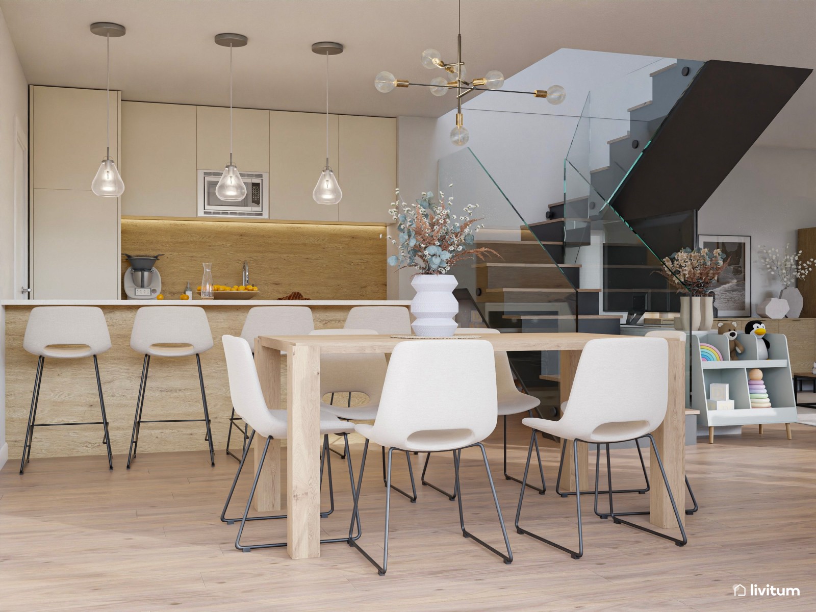 Amplio salón de estilo contemporáneo con cocina abierta