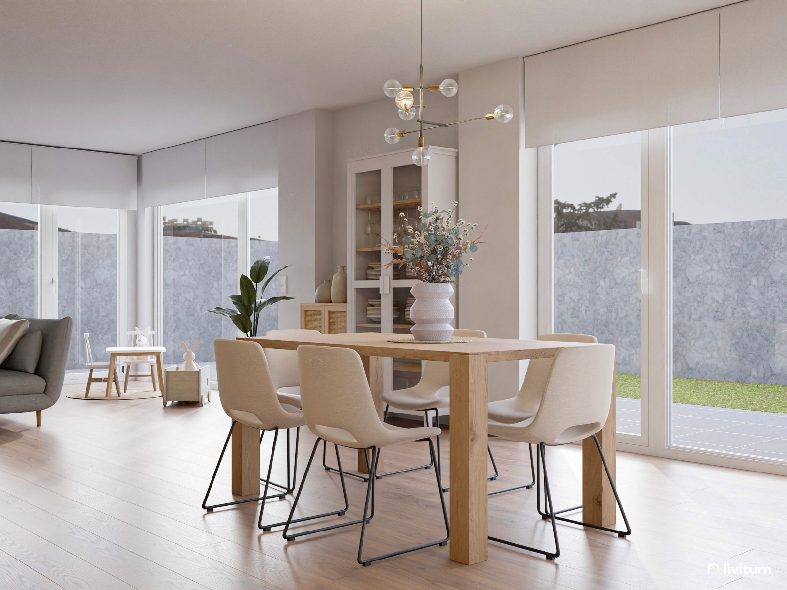 Amplio salón de estilo contemporáneo con cocina abierta