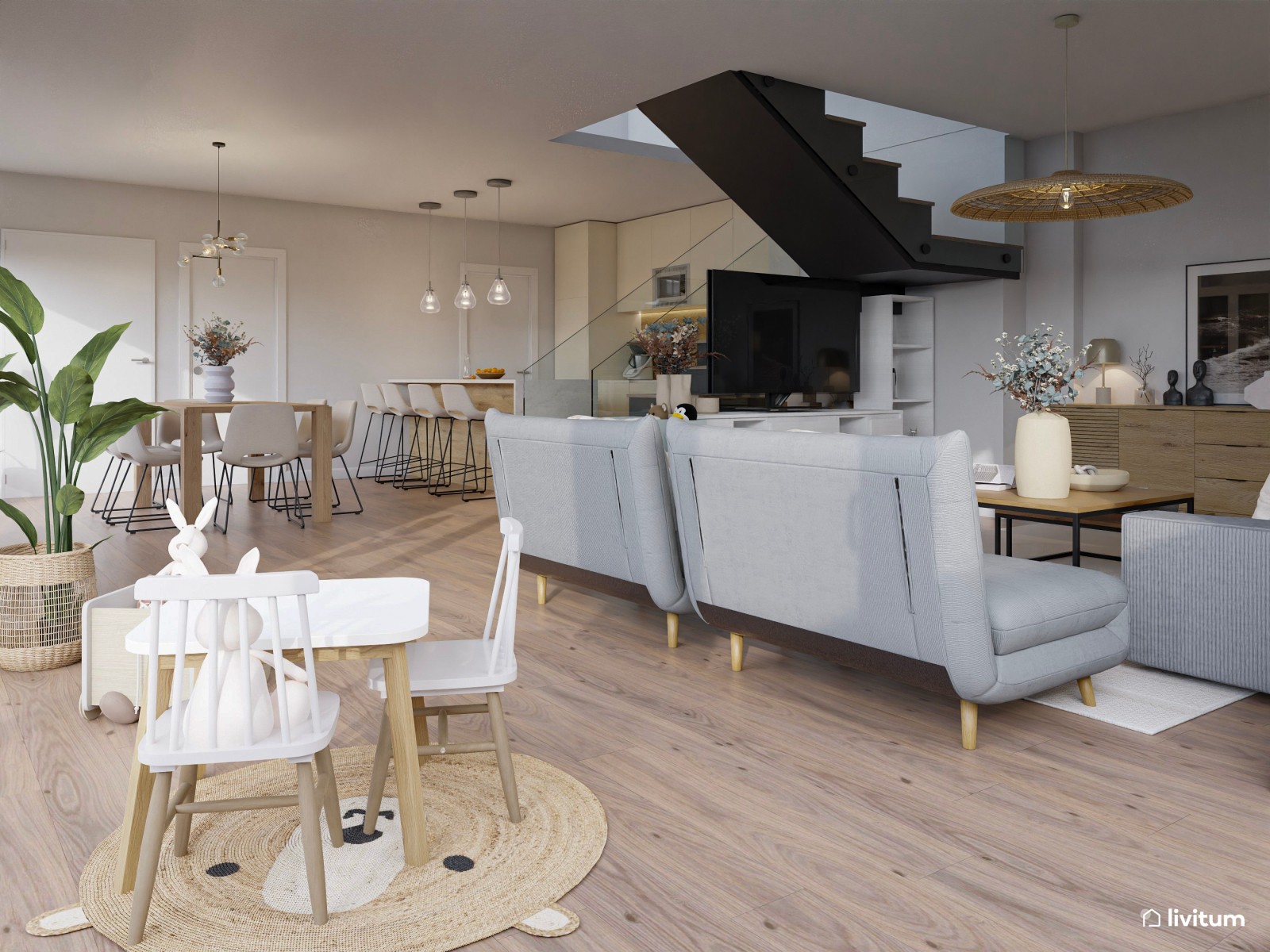 Amplio salón de estilo contemporáneo con cocina abierta