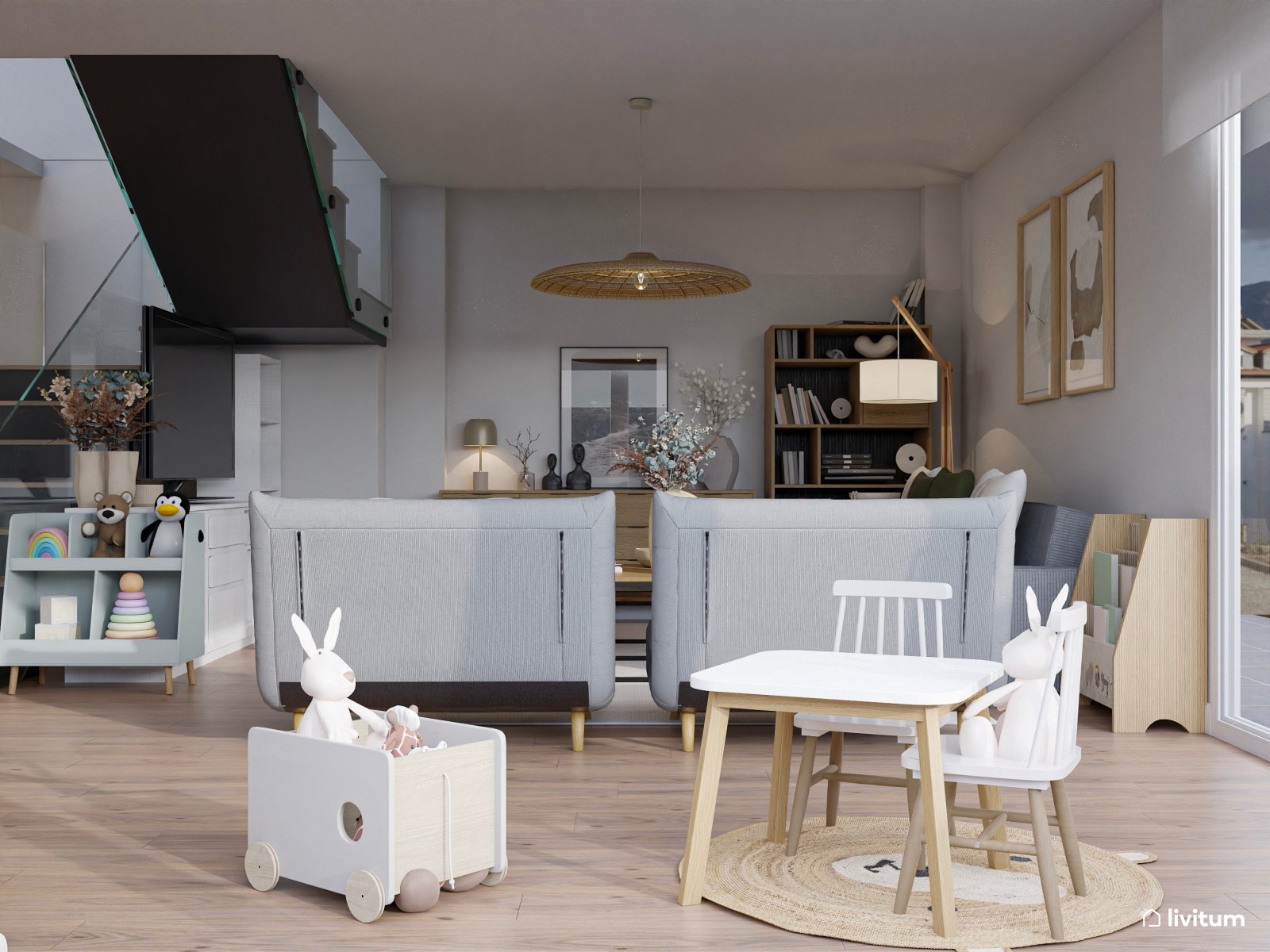 Amplio salón de estilo contemporáneo con cocina abierta