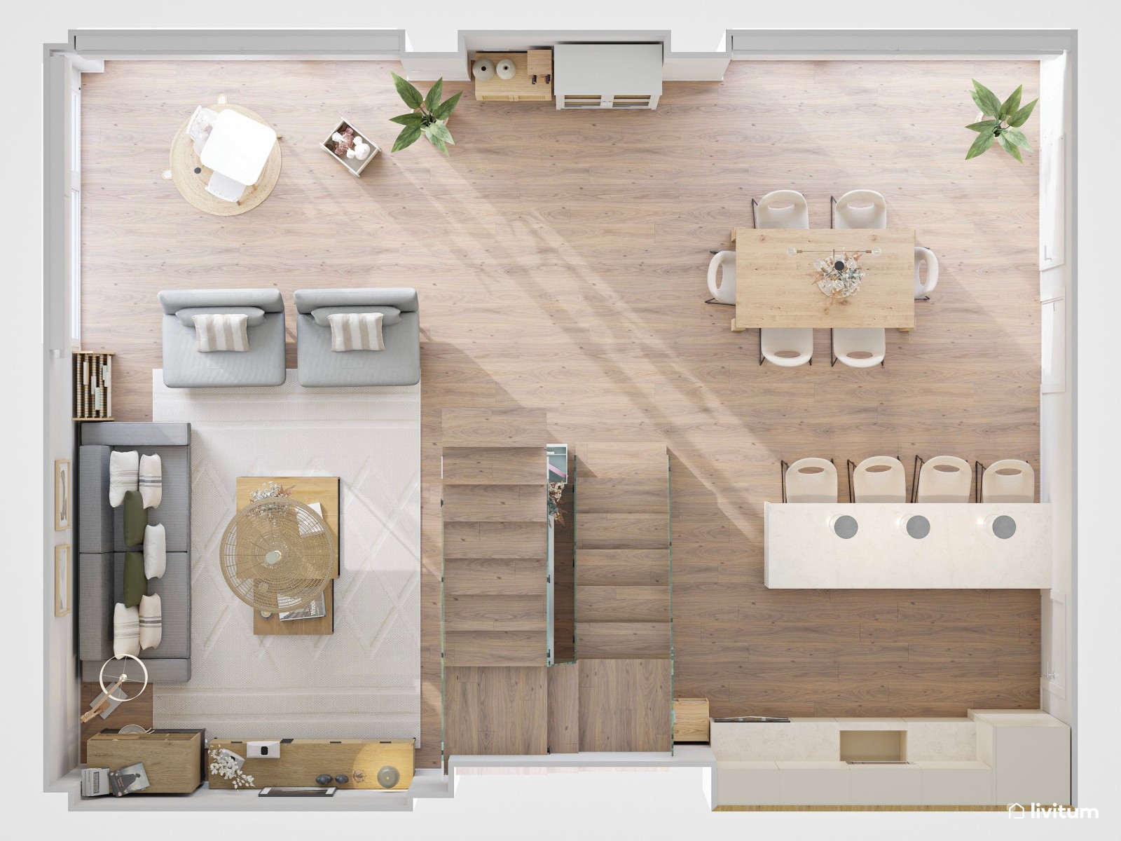 Amplio salón de estilo contemporáneo con cocina abierta