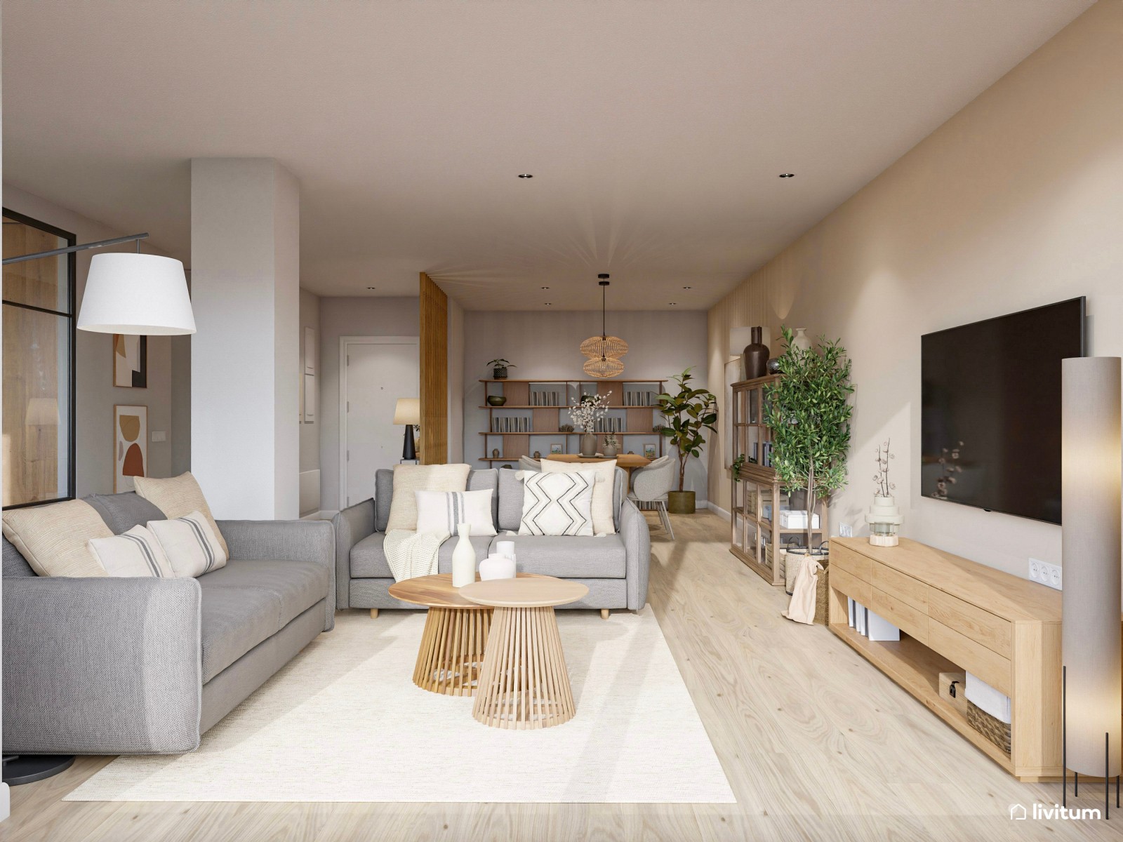 Amplio salón diseñado en madera y decoración suave