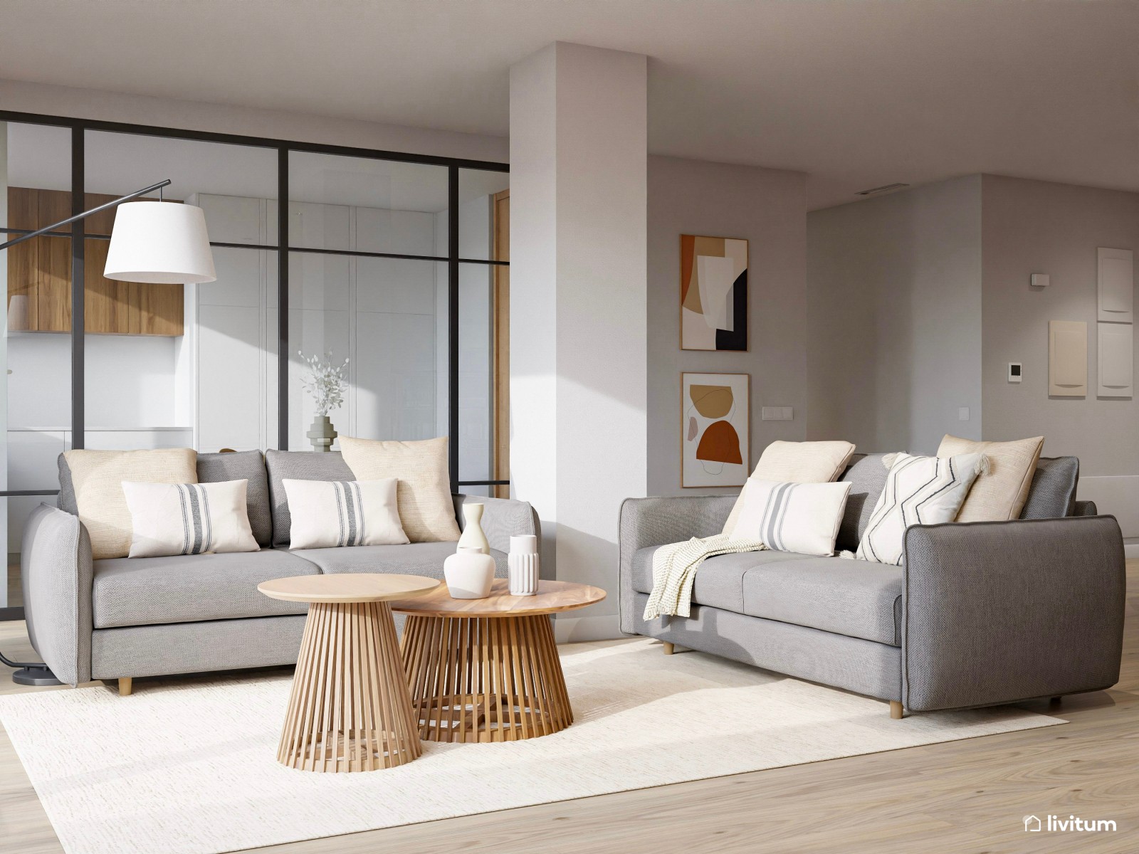 Amplio salón diseñado en madera y decoración suave