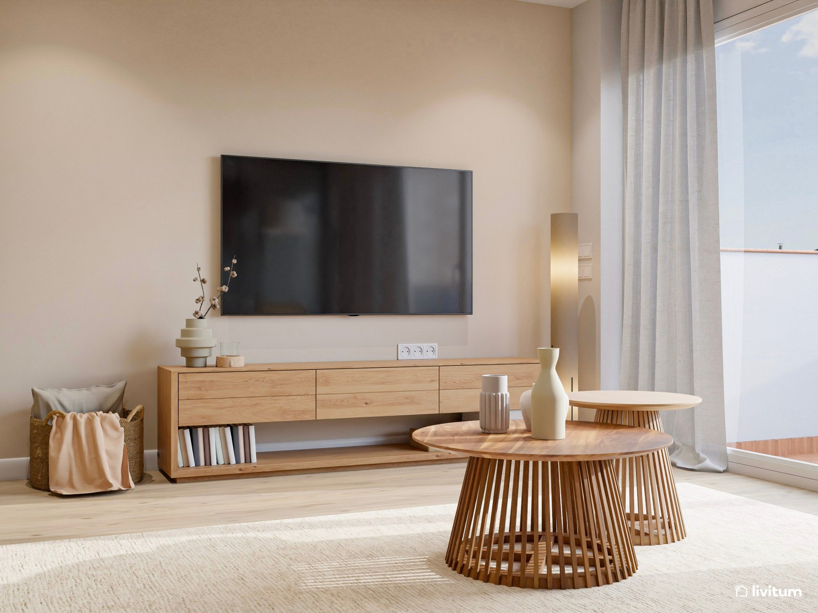 Amplio salón diseñado en madera y decoración suave