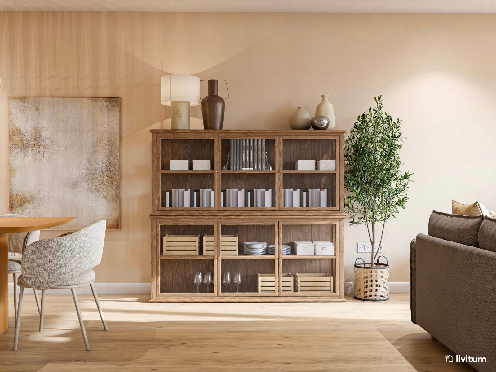 Amplio salón diseñado en madera y decoración suave