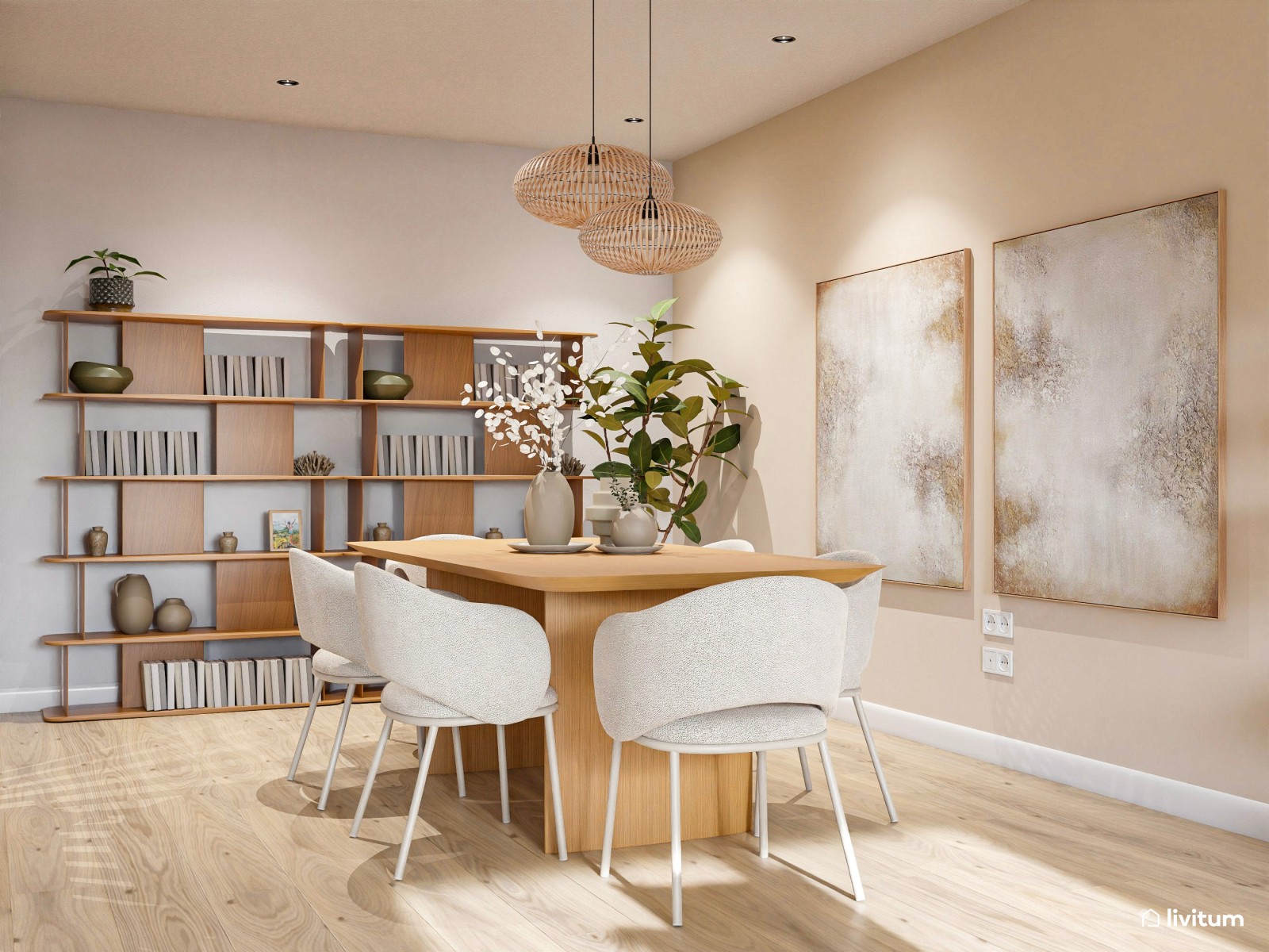 Amplio salón diseñado en madera y decoración suave