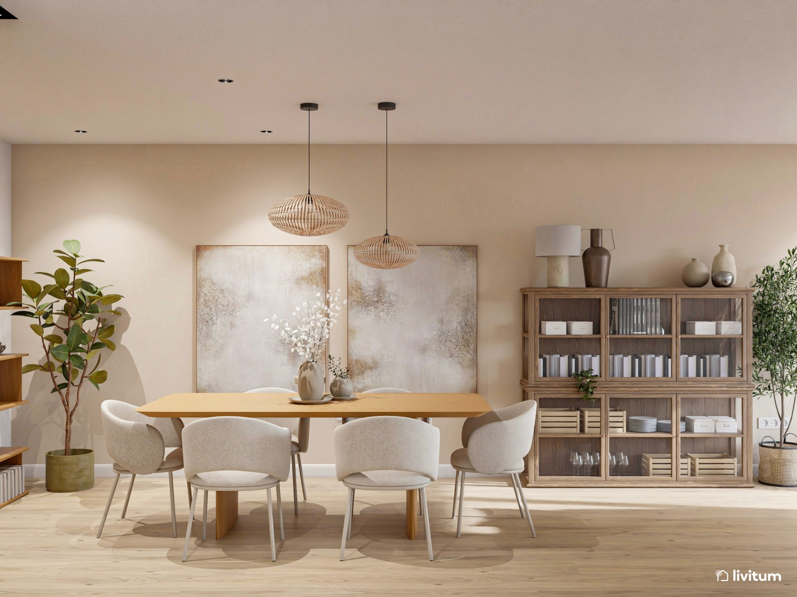 Amplio salón diseñado en madera y decoración suave