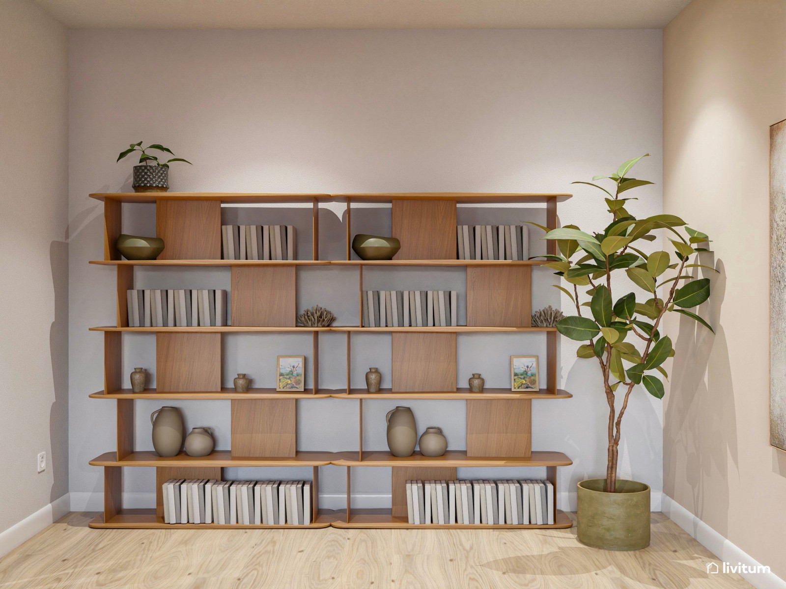 Amplio salón diseñado en madera y decoración suave