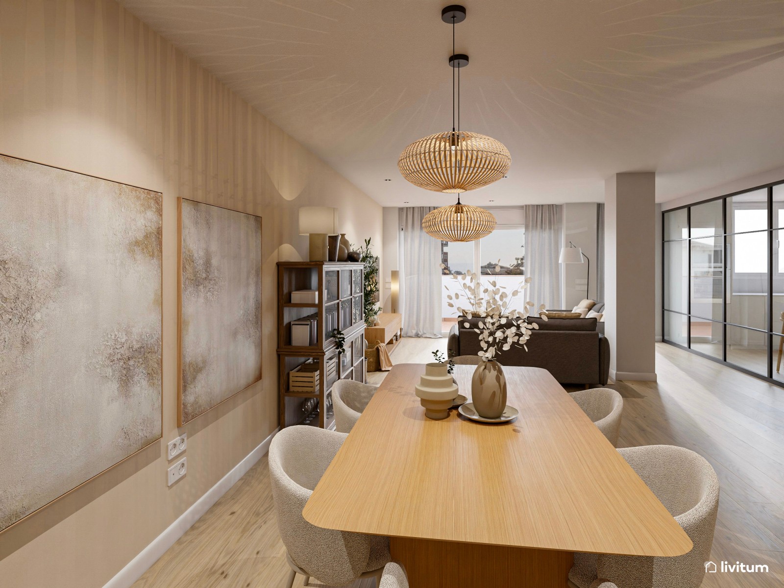 Amplio salón diseñado en madera y decoración suave