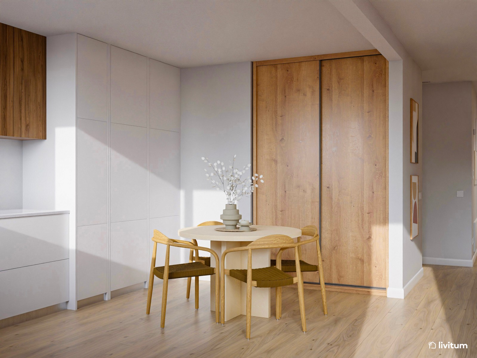 Amplio salón diseñado en madera y decoración suave