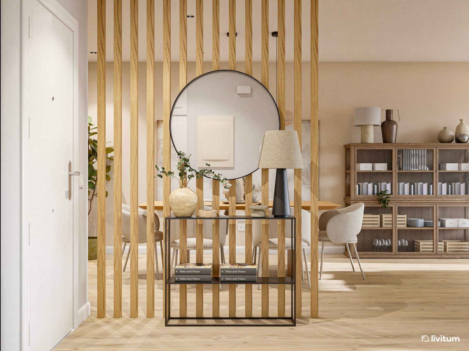 Amplio salón diseñado en madera y decoración suave