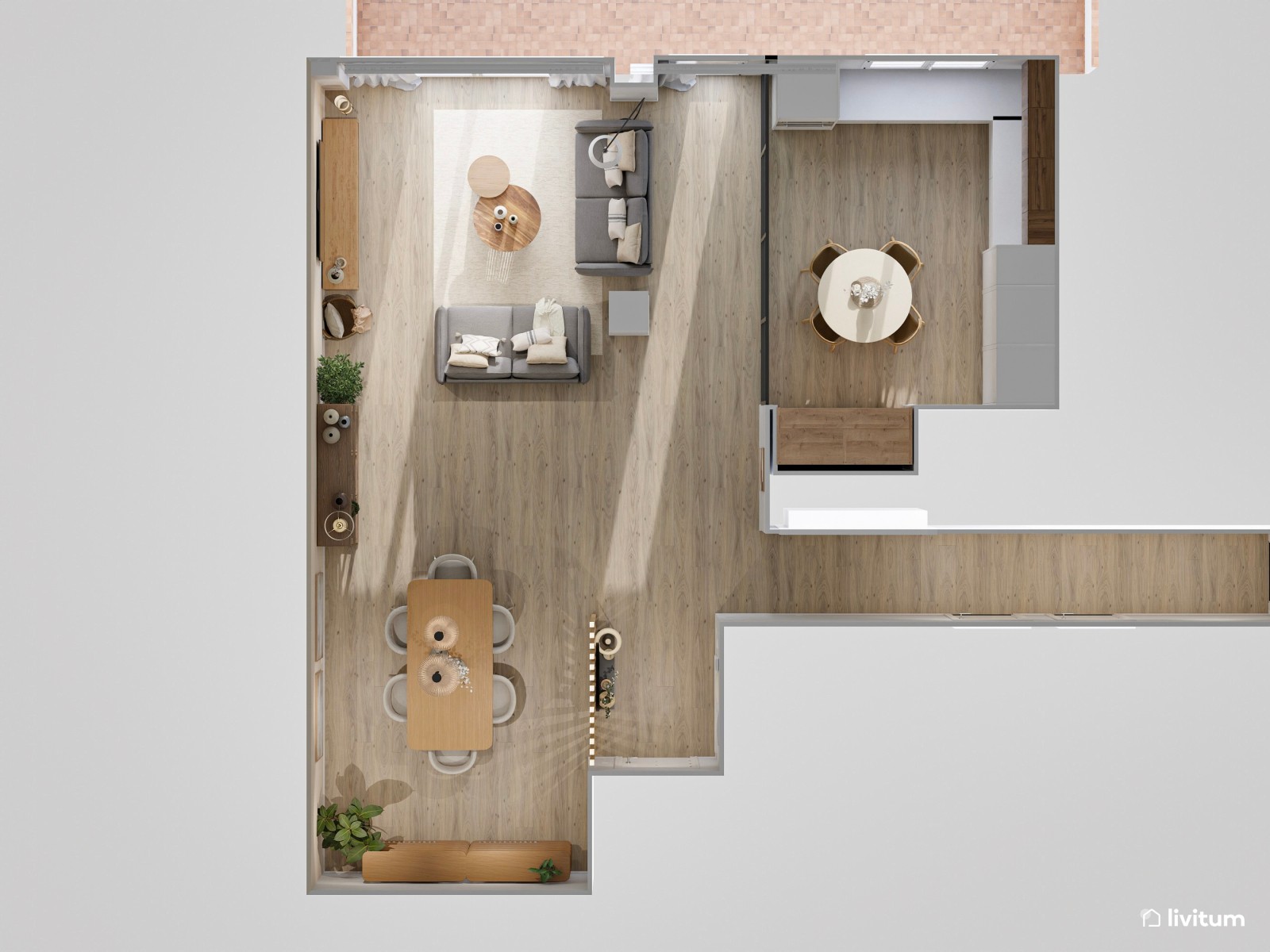 Amplio salón diseñado en madera y decoración suave