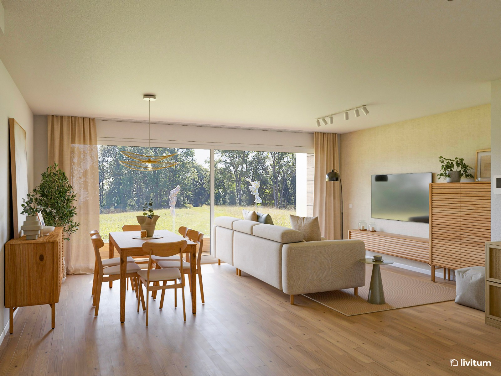 Amplio y luminoso salón comedor diseñado en blanco y madera