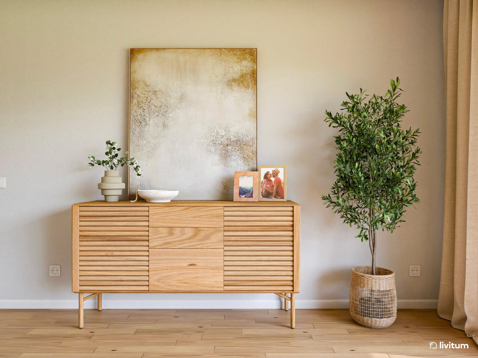 Amplio y luminoso salón comedor diseñado en blanco y madera