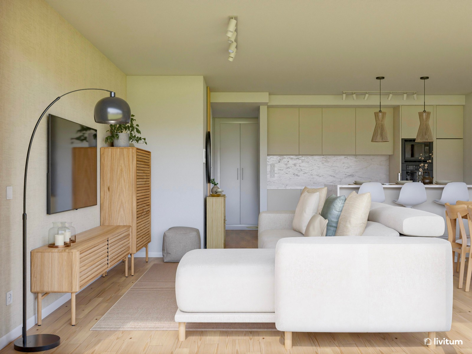 Amplio y luminoso salón comedor diseñado en blanco y madera