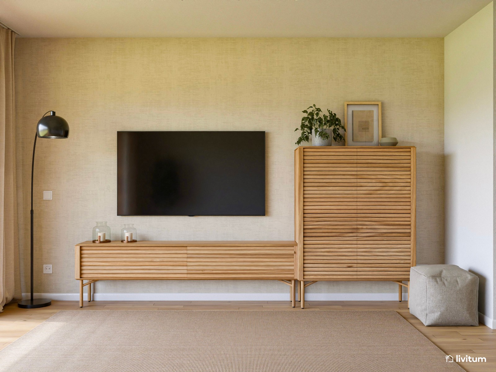 Amplio y luminoso salón comedor diseñado en blanco y madera