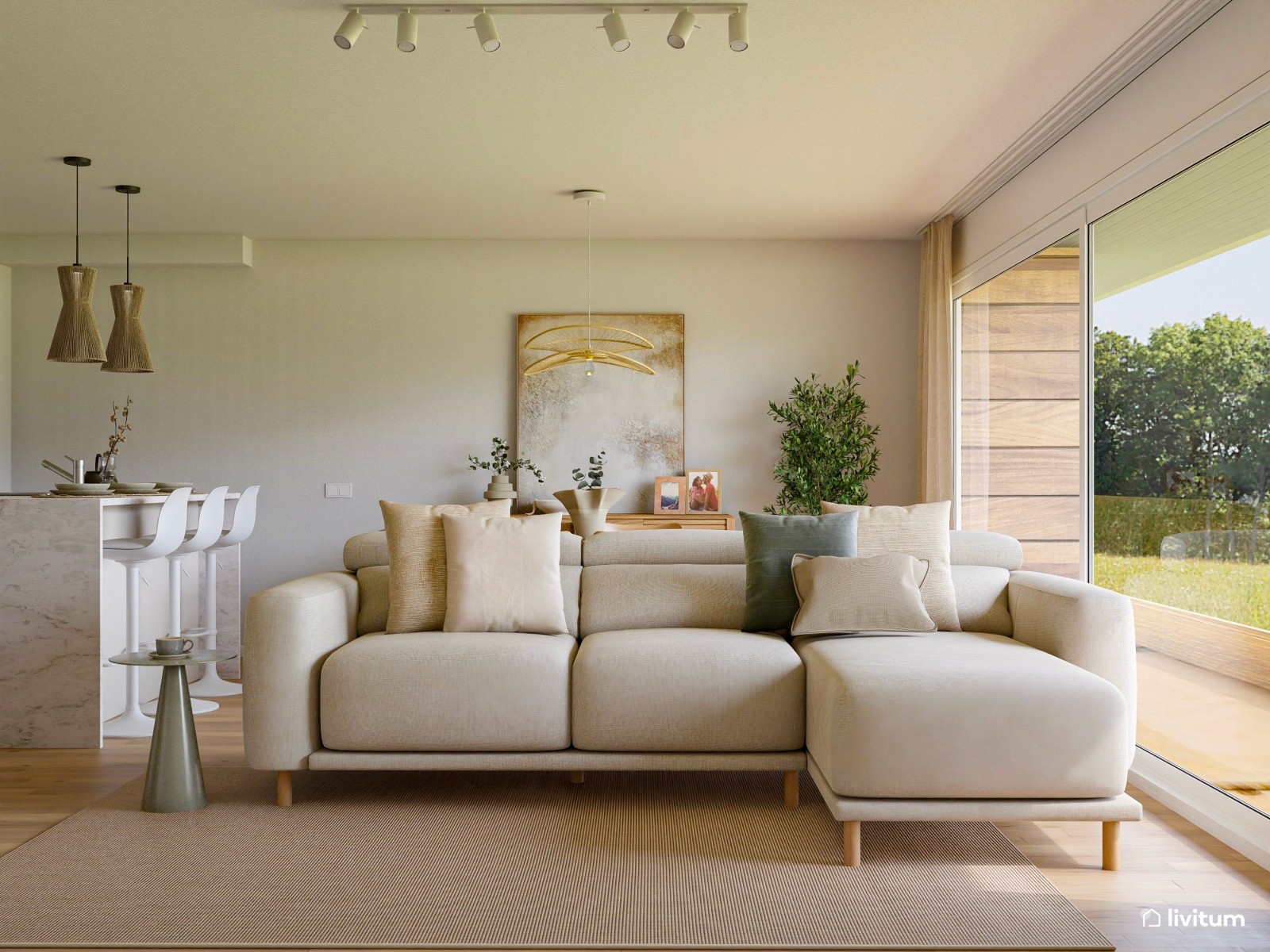 Amplio y luminoso salón comedor diseñado en blanco y madera