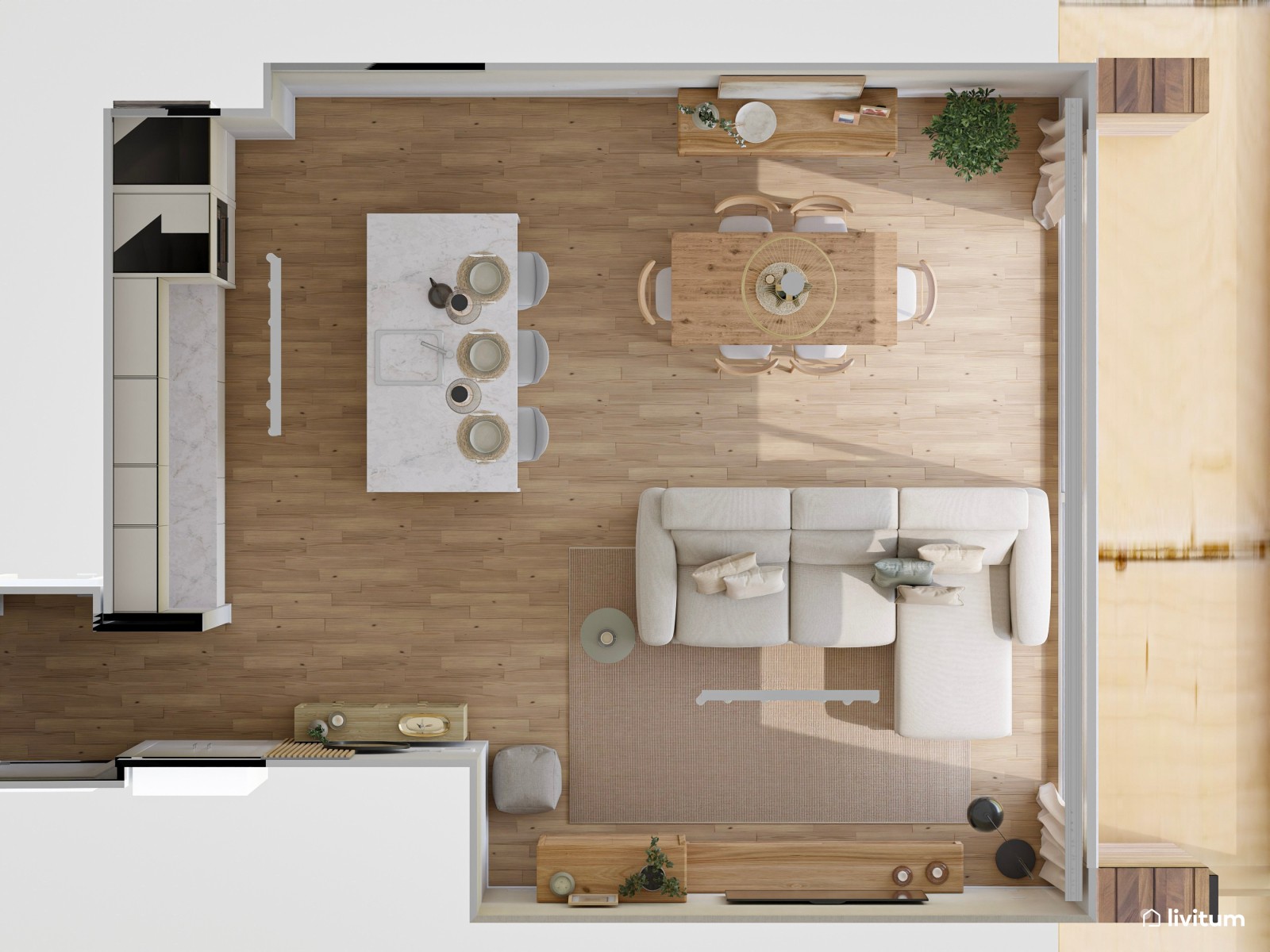 Amplio y luminoso salón comedor diseñado en blanco y madera