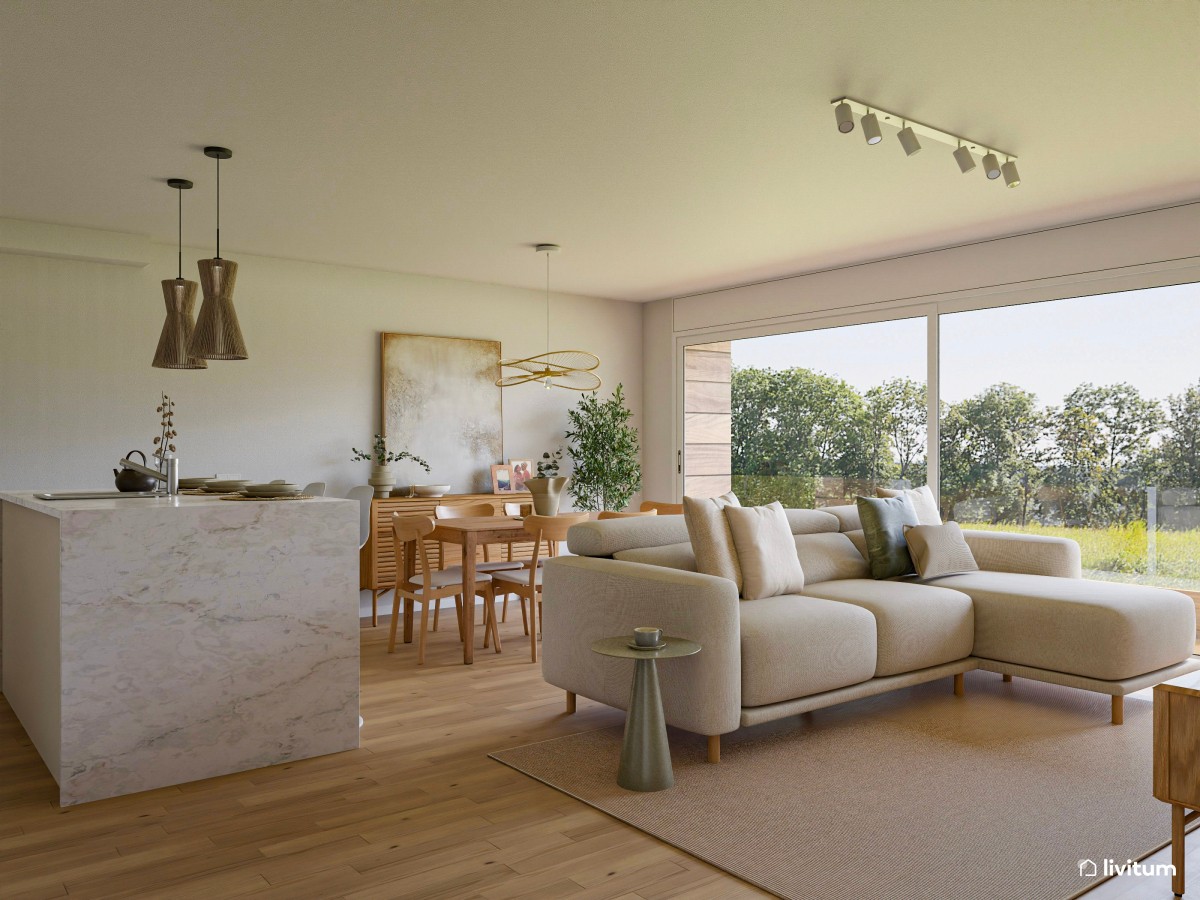 Amplio y luminoso salón comedor diseñado en blanco y madera