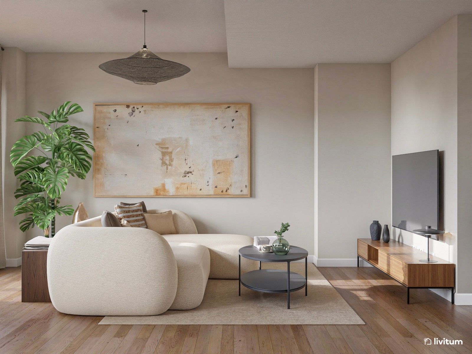 Amplio y luminoso salón comedor en blanco y madera con cocina semiabierta